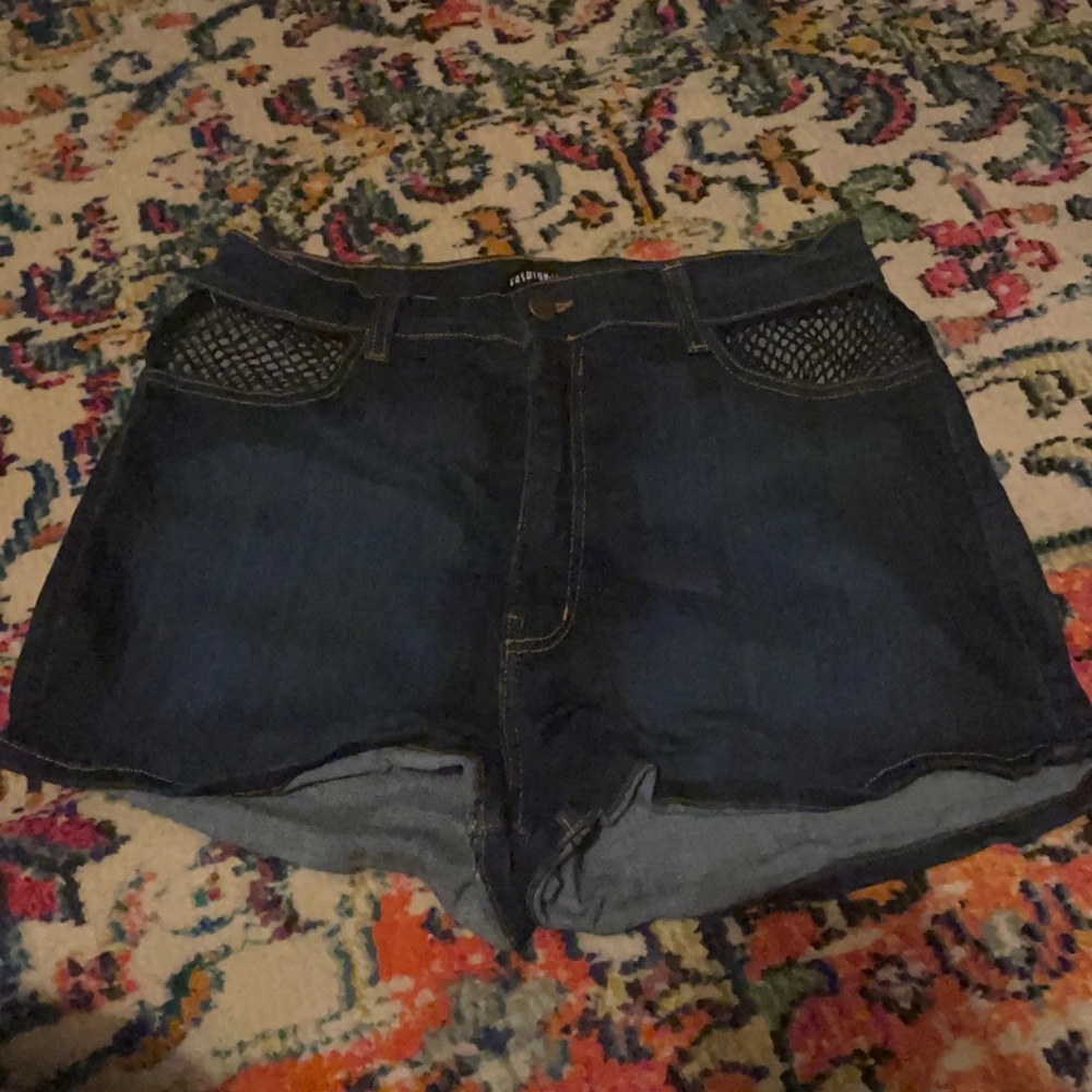 Fashion Nova Fishnet Cut Out High Waisted Denim Shorts, size 2X
